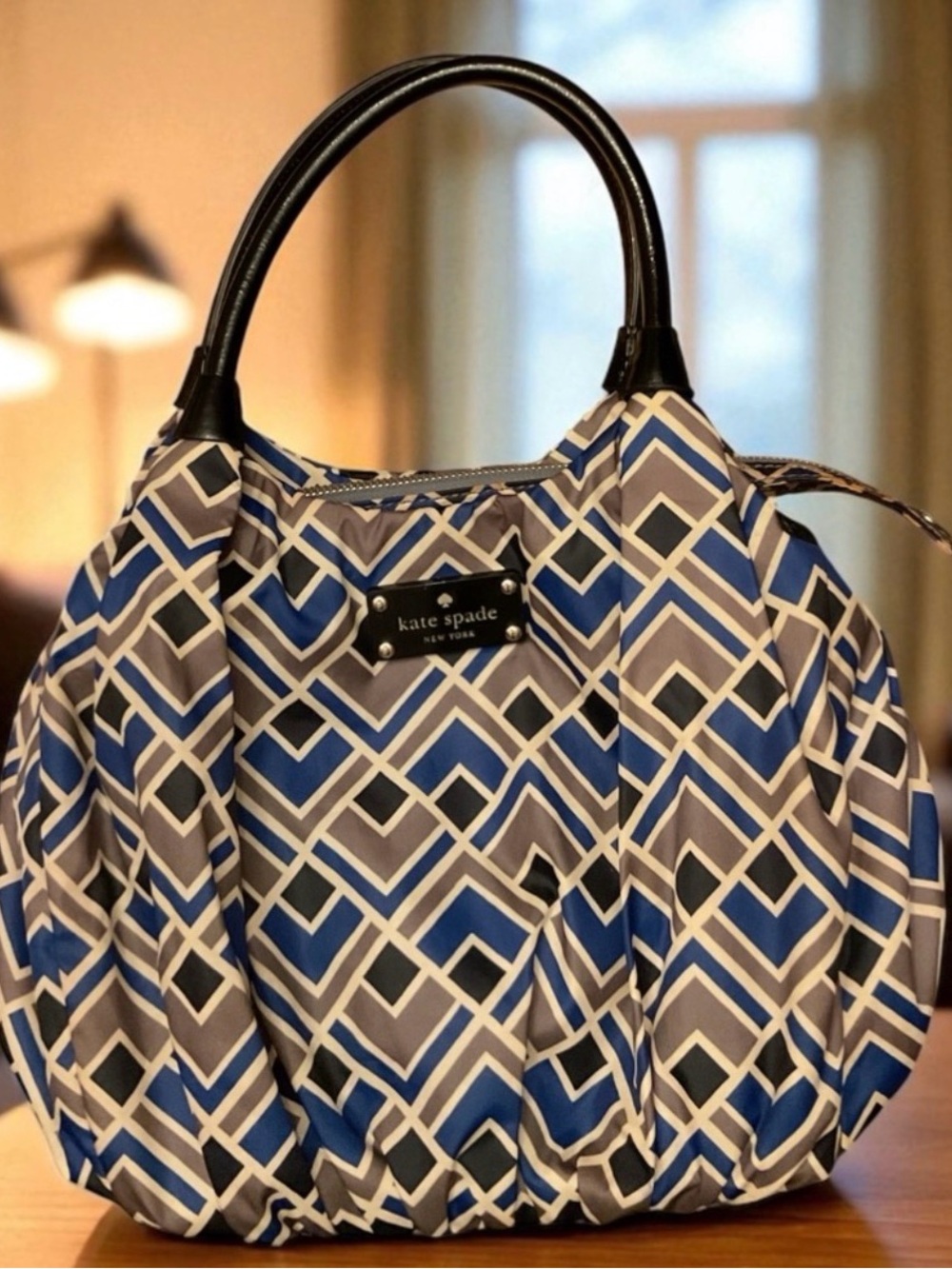 kate spade Blue and Gray Geometric Tote with Black Handles